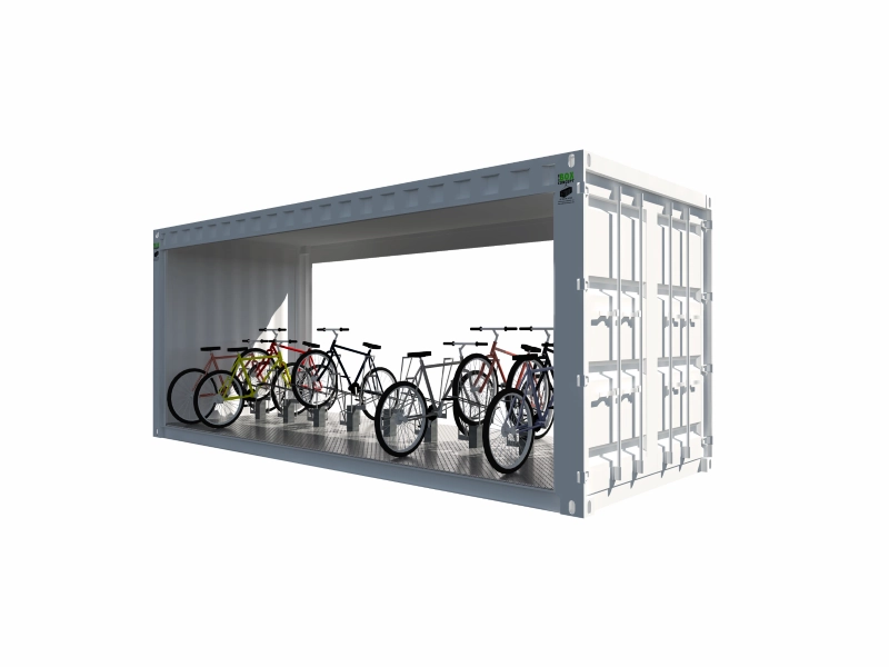 Abrigo para bicicletas em contentor aberto de 20 pés para 18 lugares