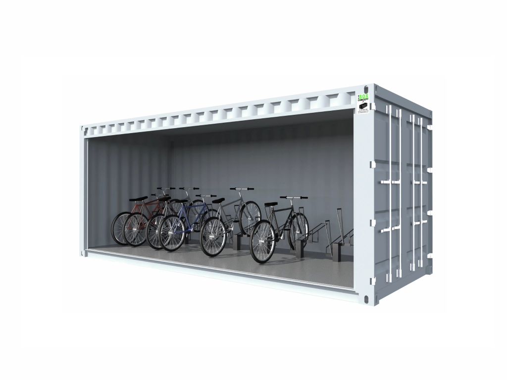 Abrigo para bicicletas em contentor semi-coberto de 20 pés para 16 lugares
