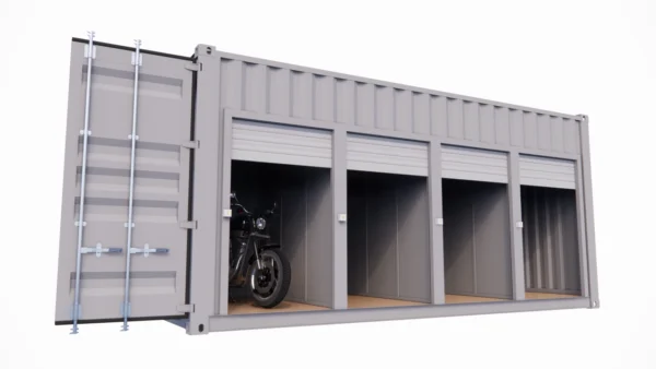 Garagem para motos para 4 lugares e 4 portas em contentor de 20 pés