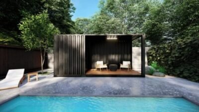 Moradia com piscina em contentor com toldo tipo bar para cozinha de verão - Imagem de 2