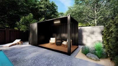 Moradia com piscina em contentor com toldo tipo bar para cozinha de verão